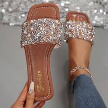 Plus Size Women Flat Sandals Vacation Style Summer Casual Versatile Rhinestone Decor Slide Sandals - Brown - View 2
