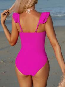 Women Fluorescent Pink Double Ruffle Trim One-Piece Swimsuit - Pink - View 6