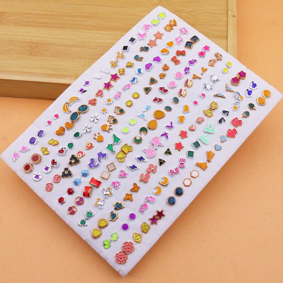 100 piezas de juego de pendientes de esmalte plástico de colores surtidos, estilo minimalista coreano/japonés, sin caja - Multicolor sin caja - Ver 1