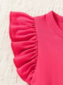 3pcs/Set Baby Girls Valentine's Day Flutter Sleeve Heart Print + Solid Color Casual Dress Set - Màu Hồng Tươi - Xem 10