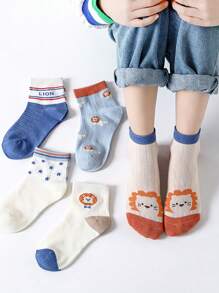 5 Pairs Cartoon Lion Print Children's Thin Breathable Socks, Boys Mid-Calf Mesh Socks, Spring/Autumn - Multicolor - View 3
