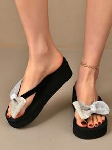 Women's Big Bow Color Block Canvas Thick Bottom Wedge Flatform Comfortable Soft Sole Thong Sandals, Summer - Black - View 5