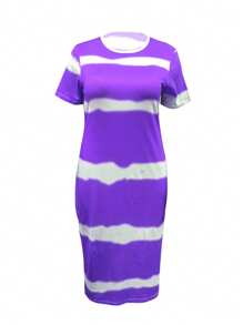Elegant Plus Size Tie Dye Bodycon Dress, Polyester Knit Fabric, Crew Neck, Short Sleeve, Midi Length, Medium Stretch, No Padding, Regular Sleeve, Casual Summer Weekend Wear - 暗紫羅蘭 - 查看 5