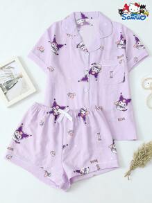 2 件/套官方授权 Sanrio Kuromi 花卉印花领短袖纽扣口袋衬衫和蝴蝶结短裤睡衣套装女士适合休闲家居服，春夏 - 紫色 - 查看 1
