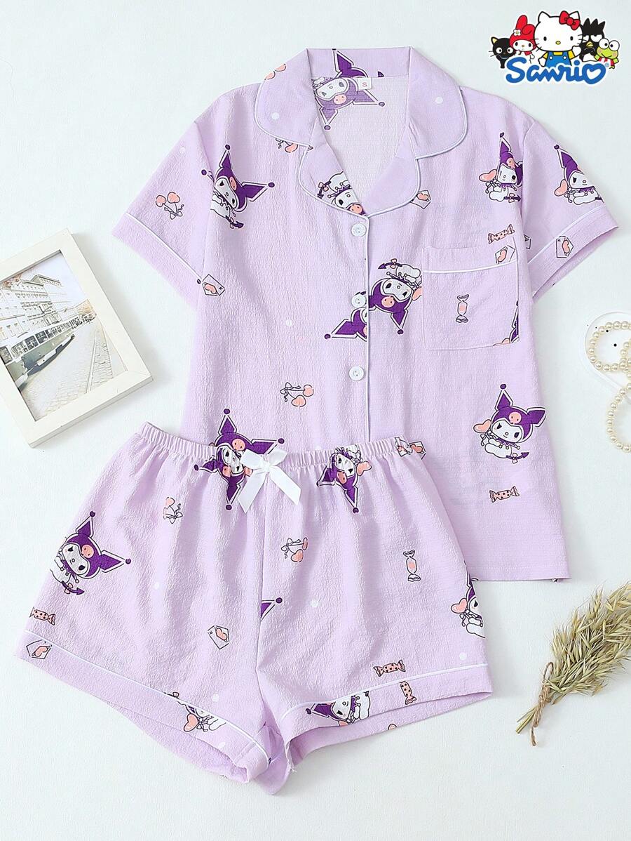 2 件/套官方授权 Sanrio Kuromi 花卉印花领短袖纽扣口袋衬衫和蝴蝶结短裤睡衣套装女士适合休闲家居服，春夏 - 紫色 - 查看 1