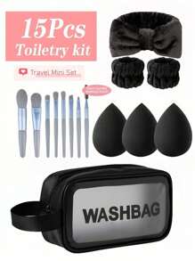 1 pièce set de 15 pièces : 1 pièce trousse de maquillage transparente incluant : 1 pièce sac de maquillage, 8 mini pinceaux de maquillage de voyage, 1 pièce bandeau, 3 éponges de maquillage, un kit de maquillage de voyage portable comprenant : palette d'ombres à paupières, pinceaux de maquillage, ombre à paupières liquide, poudre, eyeliner, rouge à lèvres, brillant à lèvres, pinceau à lèvres, pinceau à ombre à paupières, pinceau à poudre, pinceau de fond de teint, gel capillaire, faux cils, colle pour cils et plus
