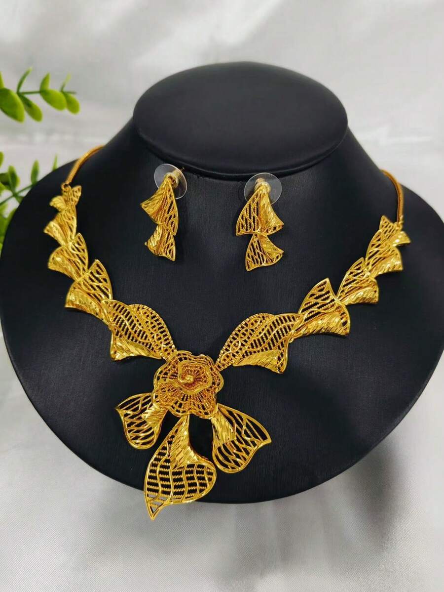 1 Set de joyas mujer con collar y pendientes, diseño de flor plateado en oro, 2 piezas, elegante para bodas en Dubái, Europa, África, Arabia Saudita, galas, Día de la Madre, San Valentín, regalos festivos, joyas de cobre