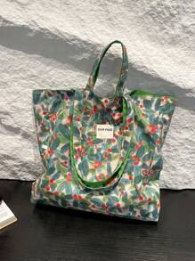 Bolsa de lona dupla face com estampa floral, nova primavera/verão 2025, bolsa de grande capacidade para deslocamento diário, bolsa de ombro simples coreana