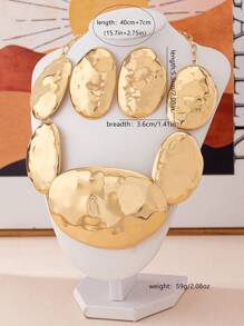 3 件/套夸张朋克奢华超大不对称椭圆金属金吊坠耳环项链套装，适合女性日常装扮 - 金黃色 - 查看 4