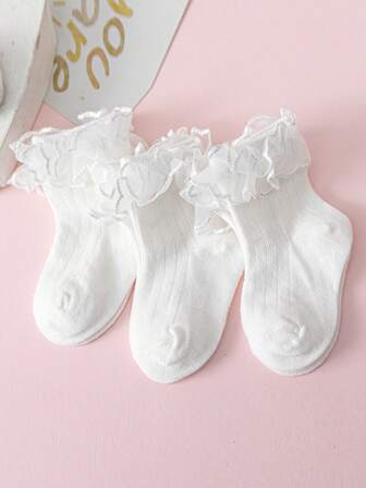 3 Pairs White Lace Socks, Elegant & Sweet Princess Style, Suitable For Children Dance