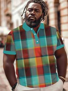 1pc Plus Size Men's Summer Plaid Splice Polo Shirt, Casual Fashion Short Sleeve Tee, Breathable With Collar, Gift Choice