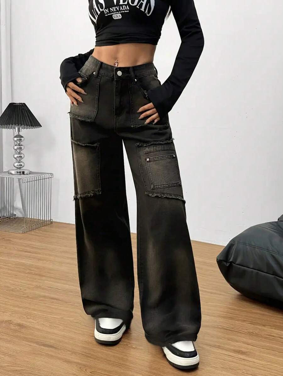 IDYLLIC Washed Denim Pants, Mid-Rise, Loose Fit, Elastic Waist, Made Of Soft And Comfortable Fabric. Women's Cargo Jeans. - 黑色 - 查看 1