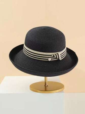 1pc Women Striped Woven Ribbon French Curl Brim Straw Sun Hat, Retro British Fashion Wide Brim Round Top Casual Hat, Summer Outdoor UV Protection Large Head Circumference Bucket Hat, Suitable For Party, Gathering, And Daily Use