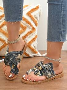 Sandalias de mujer con decoración de lazo, zapatos planos casuales para la playa