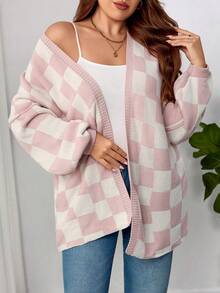 Plus Size Plaid Round Neck Casual Long Sleeve Knitted Cardigan Sweater - Pink - View 5