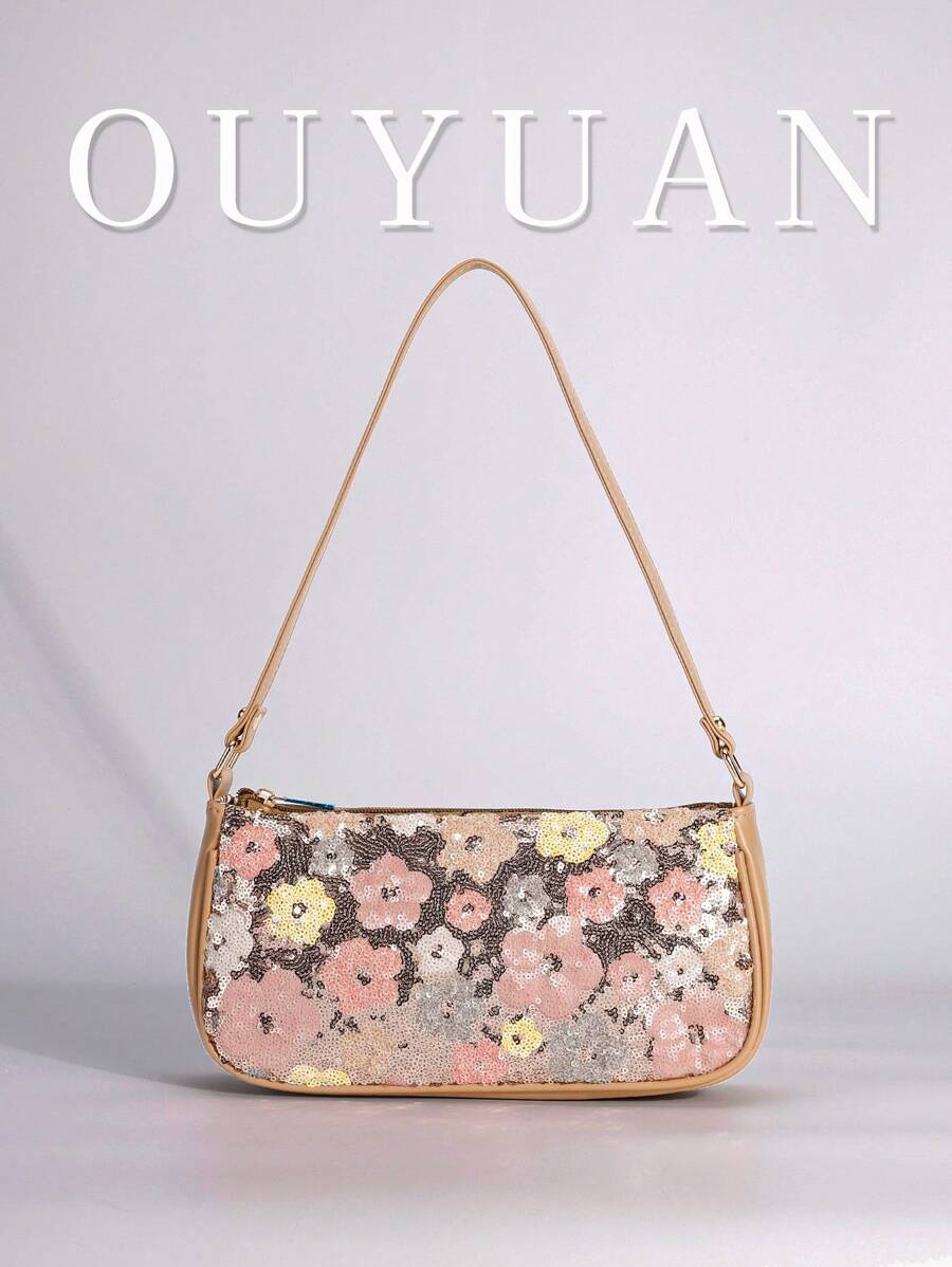 亮片刺绣花卉法棍包女士时尚百搭串珠缝线腋下包搭配撞色刺绣拉链单肩包随机剪裁，适合女士，适合派对、婚礼、舞会，非常适合派对婚礼舞会晚宴/宴会，搭配节日派对礼服晚礼服和亮片礼服（图案随机）