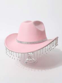 1pc Women's Solid Color Teardrop Rhinestone Tassel Western Cowboy Hat, Casual Travel, Party, Wedding, Celebration, Jazz Hat, Felt Hat, Gift, Dancing, Celebration