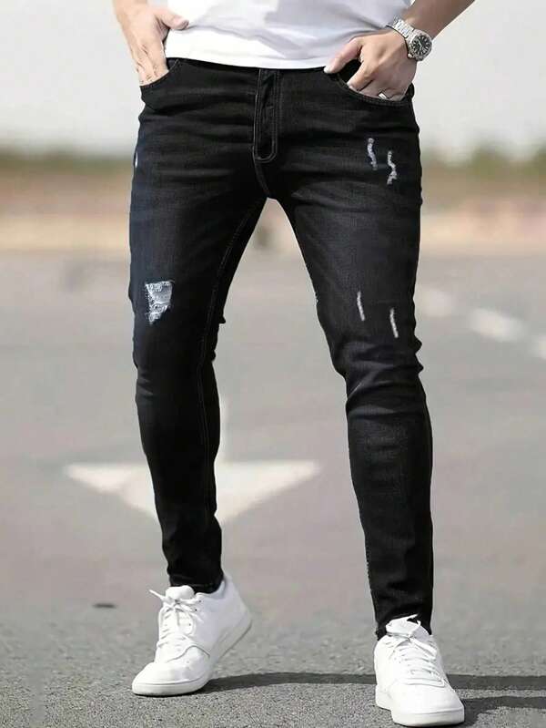 Plus Size Men's Fashionable Distressed Stretch Denim Jeans