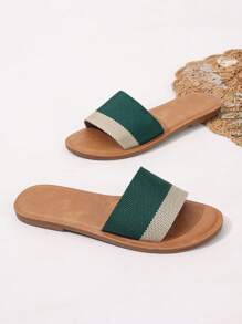 2025 Women's Summer Striped Slip-On Casual Open Toe Shoes With Faux Leather Sole And PU Flat Platform - Dark Green - View 7