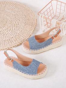 1 Pair Girls Jute Rope Thick Bottom Casual Hook And Loop Sandals, Suitable For Summer