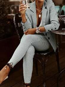 Karierter Blazer und Hose im Doppelset für Damen in Große Größen, mit Kragen und Langarm