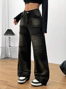 IDYLLIC Washed Denim Pants, Mid-Rise, Loose Fit, Elastic Waist, Made Of Soft And Comfortable Fabric. Women's Cargo Jeans. - 黑色 - 查看 4