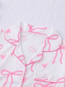 Marira 2pcs/Set Bow Print Casual Wear Pajama Set For Women, Includes Comfortable Short Sleeve Button Collar Shirt And Loose Elastic Shorts, Suitable For Outdoor & Home, All Seasons - White - View 3