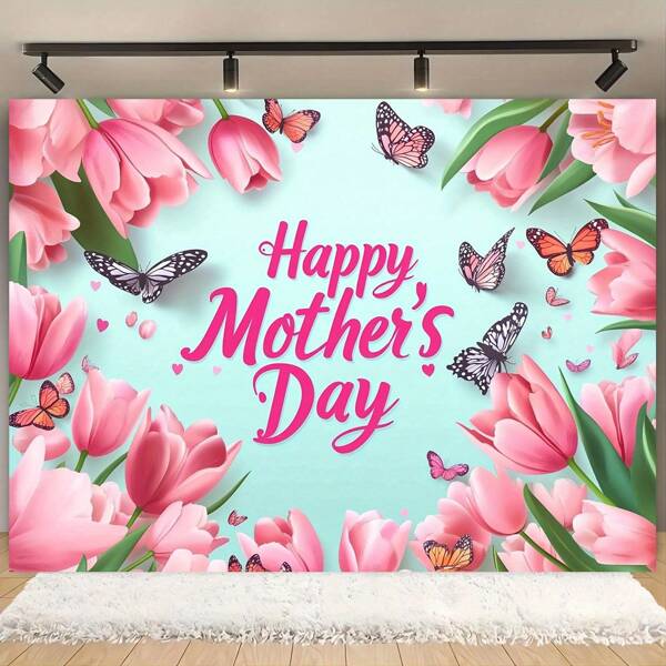 1pc Mother's Day 2D Party Background Wall Banner - Pink Tulip And Butterfly Design, Polyester Material, Perfect For Birthdays, Weddings, Christmas And Family Celebrations, Event Background | Flower Butterfly Design | Durable Polyester, Mother's Day Decoration