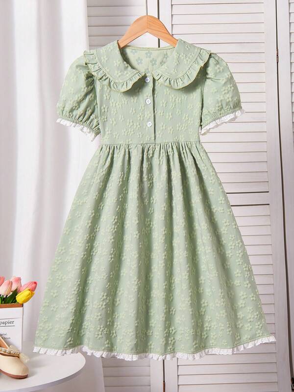 1 pieza Vestido casual y dulce con cuello de Peter Pan para niñas, de verano