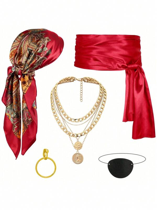 5-Piece Men's Pirate Costume Accessories Set - Pirate Hat, Head Scarf, Scarf Belt & More | Complete Pirate Look For Halloween, Themed Parties, Cosplay & Renaissance Fairs | Adjustable & Durable Design