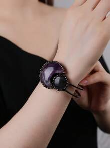 1pc Vintage Style Purple Amethyst Moon Shape Combine Natural Sunstone Exaggerated Big Handmade Welding Electroplated Bronze Color Bracelet, Women Party Gift (Natural Sunstone's Color & Shape Varies, Some Black Spots & Cracks Are Natural Phenomenon, Not Defects)