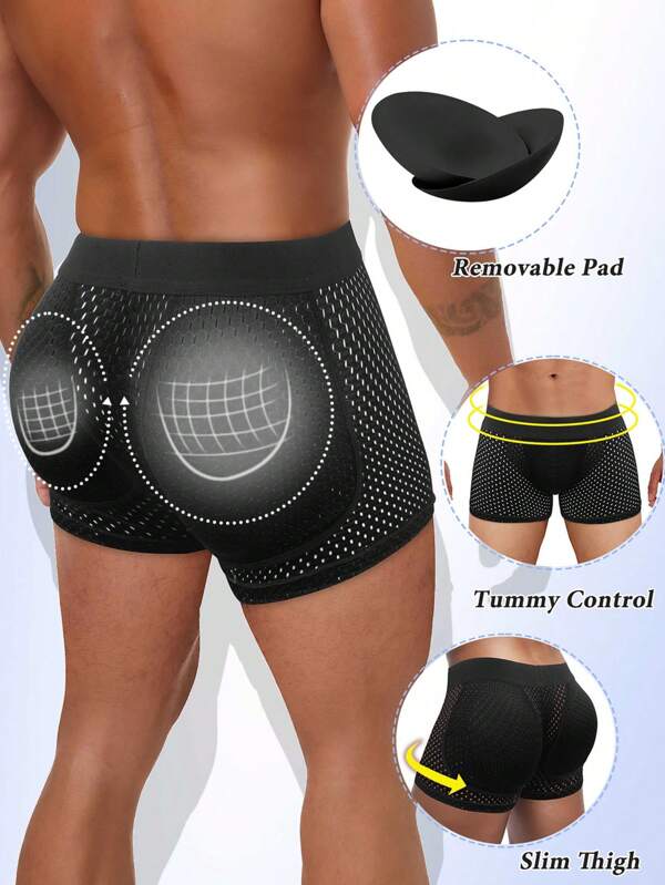 Men Padded Underwear Breathable Mesh Boxer Brief Body Shapewear Butt Lift Enhancer With Hip Removable Pad