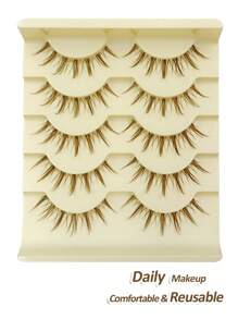 Rikuaild 5 pares de pestañas postizas manga de color marrón, pestañas de anime de aspecto natural y suave, extensión de pestañas marrones, banda transparente reutilizable, pestañas postizas naturales