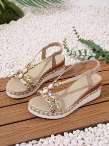 Sandálias femininas de cunha, novas sandálias romanas de salto alto com bico aberto e estilo fada de praia, sola grossa e contas - Bege - Ver 6