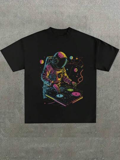 Plus Size Men's, Space Graphic Tees Cool Mushroom Astronaut Shirts ,(1 Pcs )100% Cotton Casual Printed T-Shirt,Crew Neck Short Sleeve,220g  Cotton T-Shirt,For Going Out,Gift,Summer,Unisex