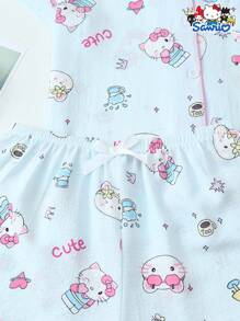 Set de 2 piezas de pijama para mujer de primavera/verano con parte superior de manga corta con botones y bolsillo con estampado de Hello Kitty de Sanrio y pantalones cortos con lazo, adecuado para uso en casa
