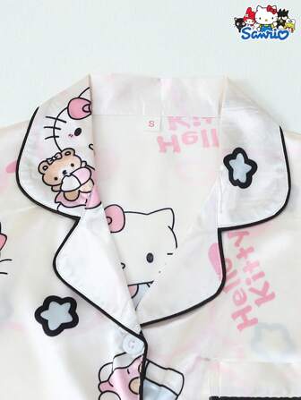  2pcs/Set Women's Spring/Summer Satin Sanrio Hello Kitty Print Lapel Short Sleeve Button Pocket Top And Bow Shorts Pajama Set, Home Leisure Wear