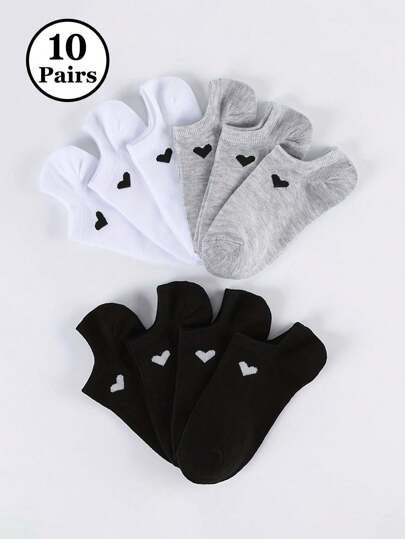 1/6/9/10/15 Pairs Women Cute Solid Heart Boat Socks, Soft & Comfortable, Moisture-Wicking, Suitable For Sports & Casual Wear