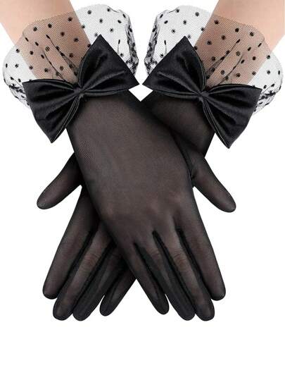 1 Pair Casual Polka Dot Bow Lace Trim Thin Sheer Gloves, Sexy & Breathable, Suitable For Party, Tea Party, Performance Outfit, Wedding, All Season