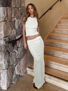 Sexy Knit Cut Out Two Pieces Swimsuit Cover Up 2025 Summer Women Bell Sleeve Waist Tie-Up Top Long Skirt Set Club Beach Dress - 白色 - 查看 6