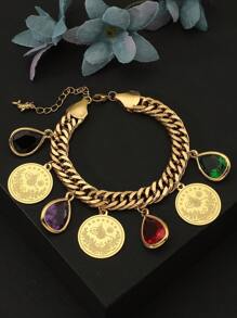 1pc Colorful Teardrop Zirconia & Arabic Gold Coin Totem Women Bracelet - Gold - View 1