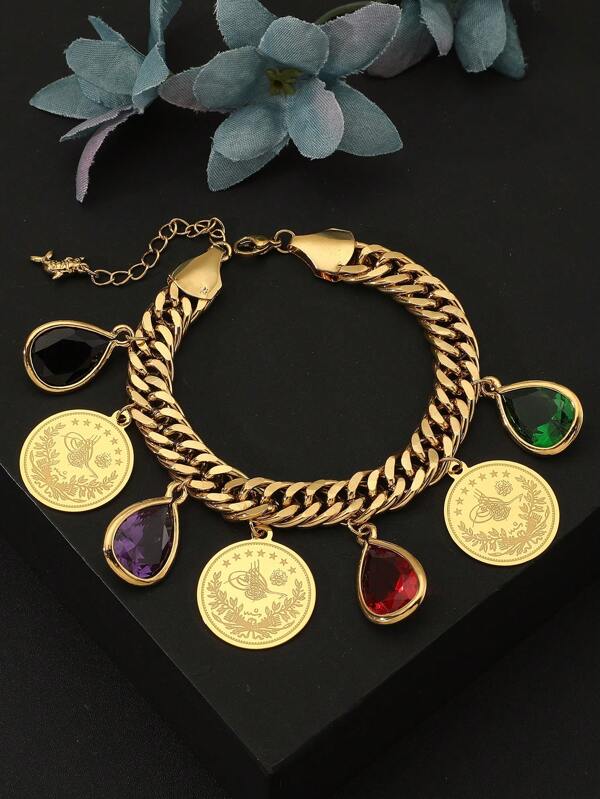 1 pièce Bracelet femme avec zircone en forme de larme colorée et pièce de monnaie arabe dorée