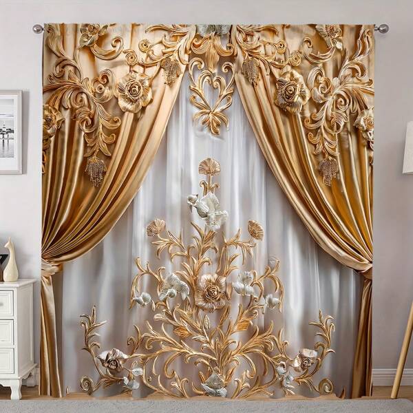 2 piezas Cortina falsa de ventana estilo europeo dorada, textil del hogar, decoración de ventana, cortina con bolsillo para varilla, impresión digital, material de poliéster, apta para sala de estar, cocina, dormitorio, estudio, comedor