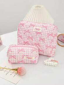1 Peça Bolsa de Cosméticos Quadriculada Rosa para Mulher, com Zíper e Portátil, Fashionável e Fofa com Grande Capacidade, Acolchoada, Adequada para Armazenamento de Cosméticos, para Presente de Aniversário, para Dia da Mãe, Conjunto de Viagem de Estilo Doce