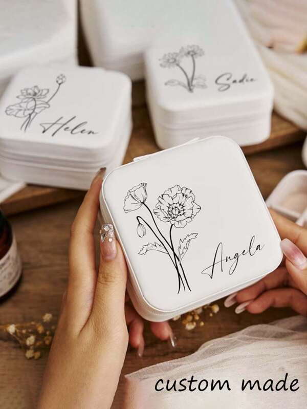 1 pièce Boîte à bijoux  personnalisée, boîte à bijoux personnalisée avec nom et fleur de naissance, cadeau de Saint-Valentin, boîte à bijoux , boîte de rangement de voyage, boîte-cadeau personnalisée pour la fête des mères, boîte à bijoux pour demoiselle d'honneur, multifonctionnelle, durable, ornementale, réutilisable, raffinée,  haute qualité, colorée, moderne, personnalisée, unique, cadeaux idéaux pour lui, cadeaux idéaux pour elle, petit ami, papa, petite amie, maman, famille, amis, salon de thé, maison, jardin, bureau, pour les anniversaires, pour la Saint-Valentin, pour la fête des mères, pour les anniversaires, pour la fête des pères, pour la remise des diplômes, pour les mariages, pour le pendaison de crémaillère, décoration intérieure, retour à l'école