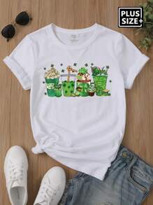 大码咖啡色三叶草印花女士休闲圆领短袖 T 恤，适合圣帕特里克节