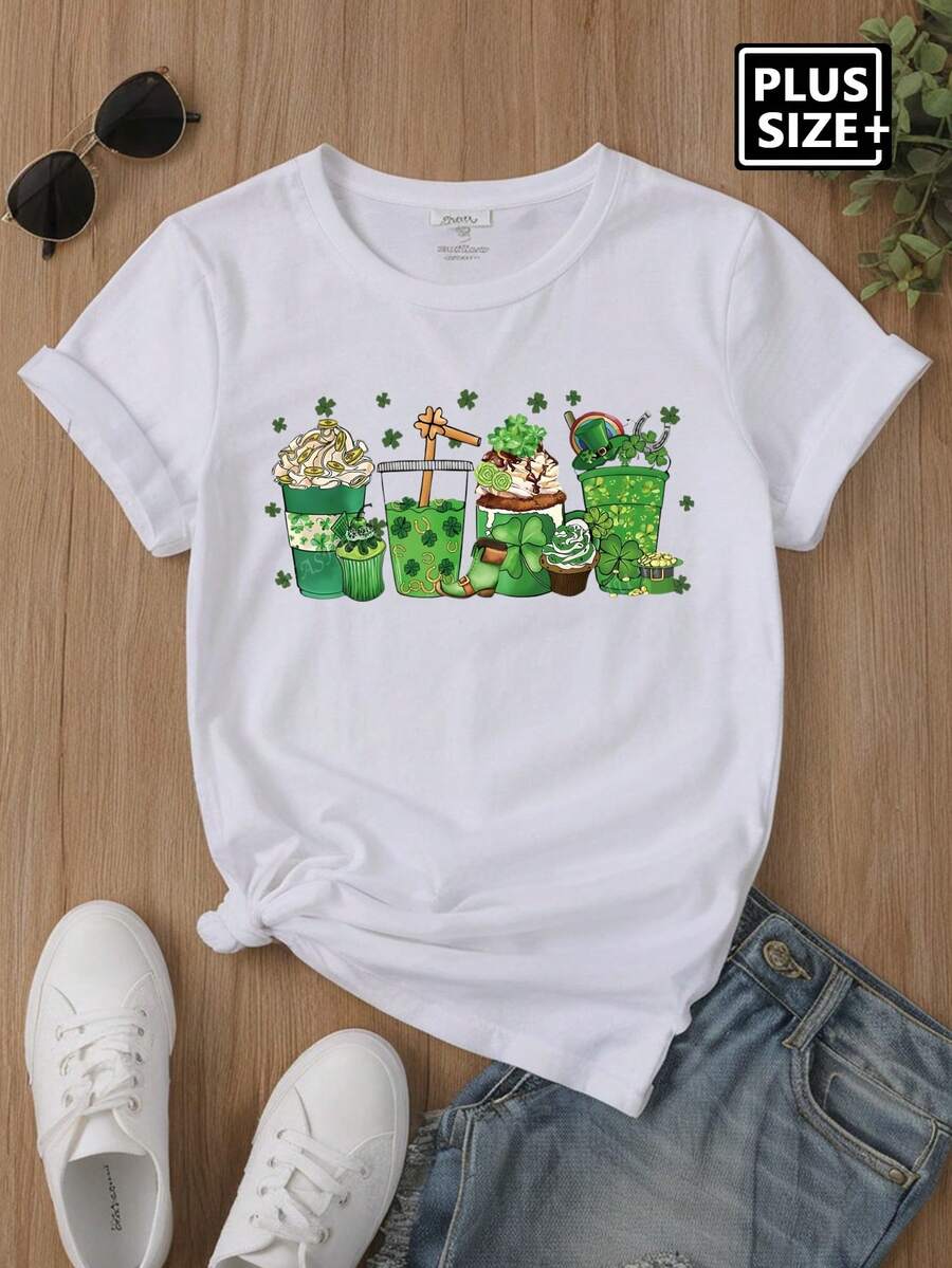 大码咖啡色三叶草印花女士休闲圆领短袖 T 恤，适合圣帕特里克节