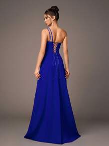 1pc Women's Elegant Luxury Backless High Slit Halter Maxi Evening Dress, Formal Gown Suitable For Formal Occasions, Parties, Festivals, Weddings, Galas, Party Dress, For Wedding Guest - Navy Blue - View 6