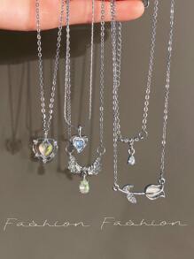 5-8pcs/Set Y2K Fashion Crystal Heart, Butterfly, Tulip, Bow Pendant Necklace Set, Shiny Jewelry Gift For Women, Suitable For Valentine's Day Party