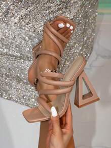 Women's High Heel Sandals, Summer New Comfortable Versatile Ladies Mule Slip-On Shoes, Elegant Fashion Asymmetric Heel Square Toe Khaki High Heels, Suitable For Beach, Party